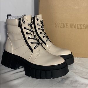 Steve Madden Incredible Bone Tan Black Platform Combat Boots New Womans Shoes